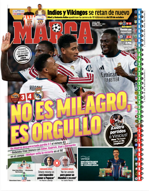 CLリーグフェーズ第2節ローマ戦翌日MARCA紙一面：NO ES MILAGRO,ES ORGULLO（奇跡なんかではない。プライドによるものだ）