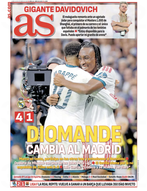 ラ・リーガ第9節セビージャ戦翌日AS紙一面：DIOMANDE CAMBIA AL MADRID（マドリーを変えるディオマンデ）