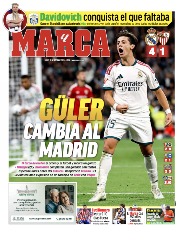 ラ・リーガ第9節セビージャ戦翌日MARCA紙一面：GÜLER CAMBIA AL MADRID（マドリーを変えるギュレル）