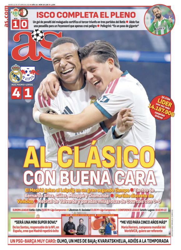 CLリーグフェーズ第3節ライプツィヒ戦翌日AS紙一面：AL CLÁSICO CON BUENA CARA（自信を持ってクラシコへ）