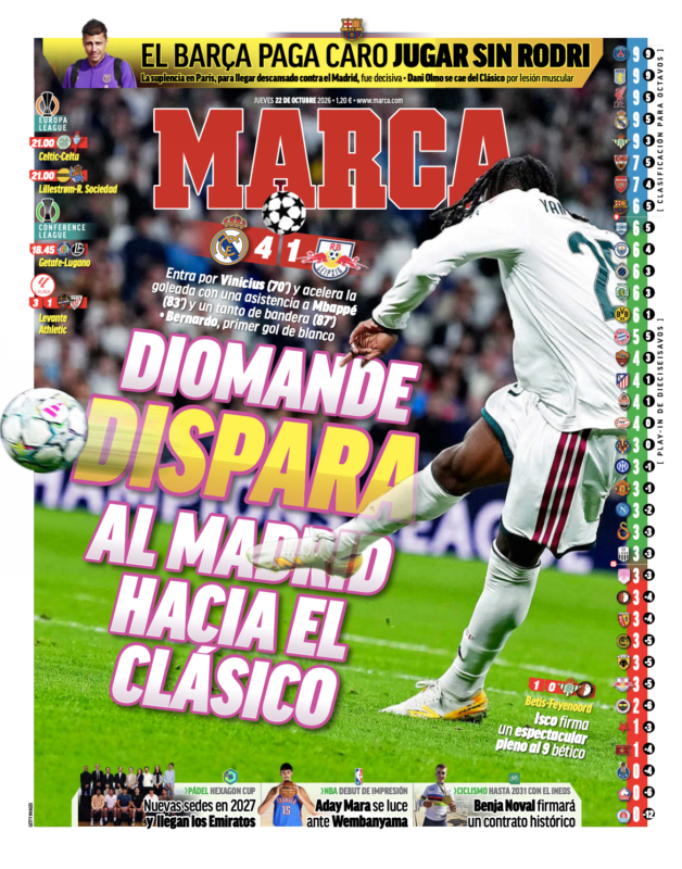 CLリーグフェーズ第3節ライプツィヒ戦翌日MARCA紙一面：DIOMANDE DISPARA AL MADRID HACIA EL CLÁSICO（ディオマンデ、マドリーをクラシコに向けて前進させる）