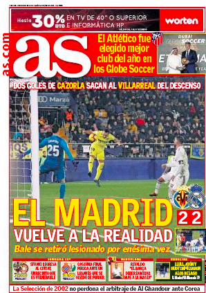 ビジャレアル戦翌日紙面AS: El Madrid vuelve a la realidad (マドリード現実に戻る)