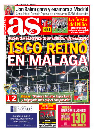 AS1面：Isco reinó en Málaga (イスコがマラガに君臨)