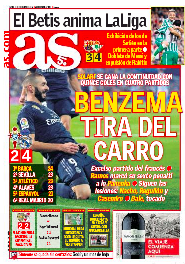 セルタ戦翌日AS:Benzema tira del carro (ベンゼマ、チームを牽引)