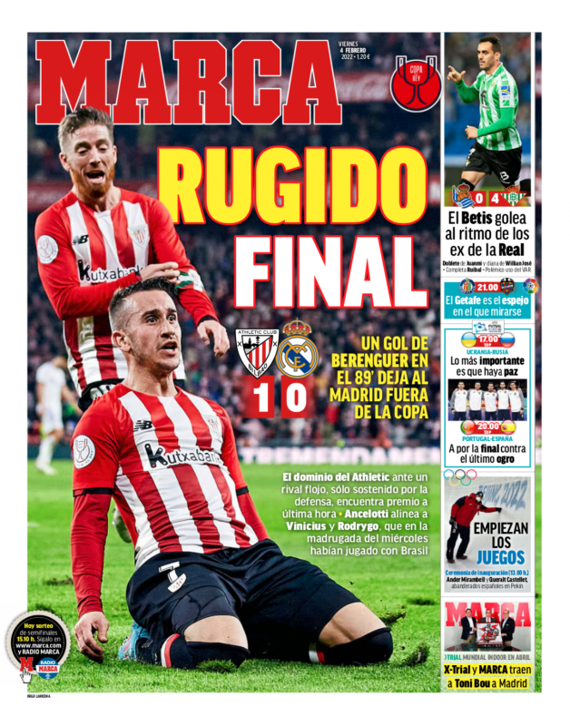国王杯準々決勝アスレティック戦翌日MARCA紙一面：RUGIDO FINAL（最後の雄叫び）