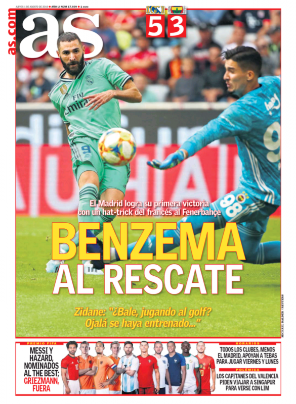 フェネルバフチェ戦翌日AS紙一面：BENZEMA AL RESCATE（ベンゼマが救出）