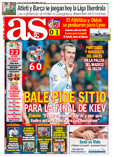 AS1面：Bale pide sitio para la final de Kiev (ベイル、キエフ決勝での先発を要求)