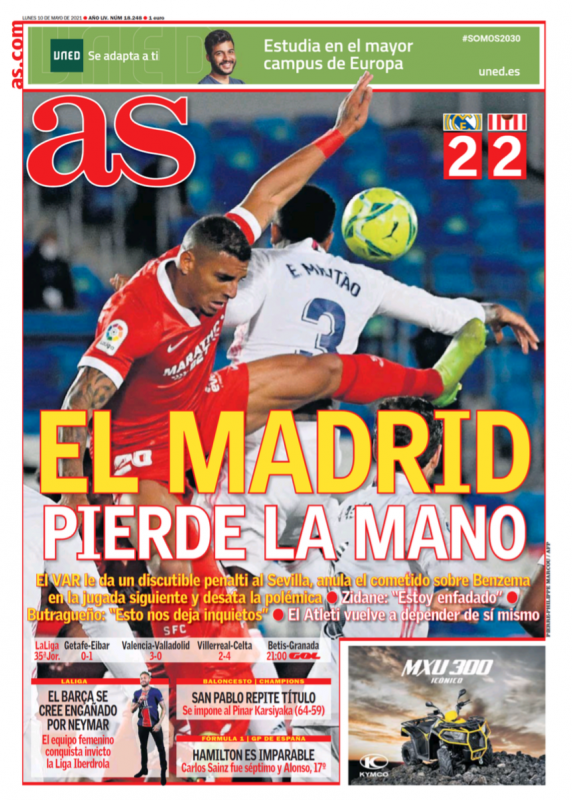 リーガ第35節セビージャ戦翌日AS紙一面：EL MADRID PIERDE LA MANO（自力優勝の可能性を失うマドリー）