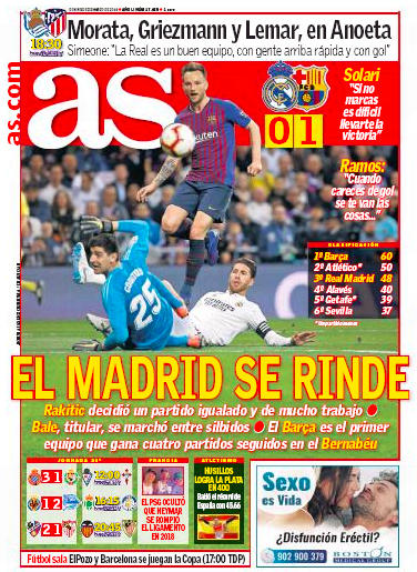 クラシコ翌日紙面AS: El Madrid se rinde(マドリード、屈服)