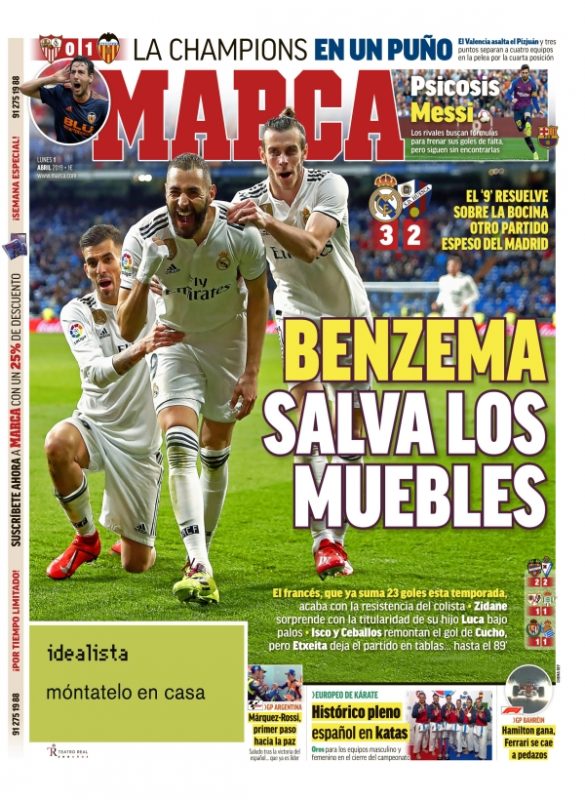 ウエスカ戦翌日紙面MARCA: Benzema salva los muebles(ベンゼマ、終盤の一発で救う)