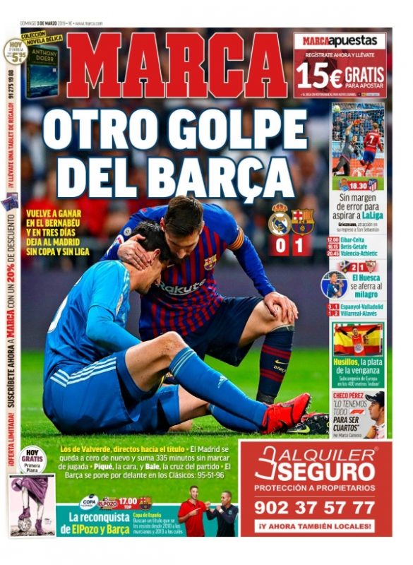 クラシコ翌日紙面MARCA: Otro golpe de Barça(新たなバルサによるダメージ)
