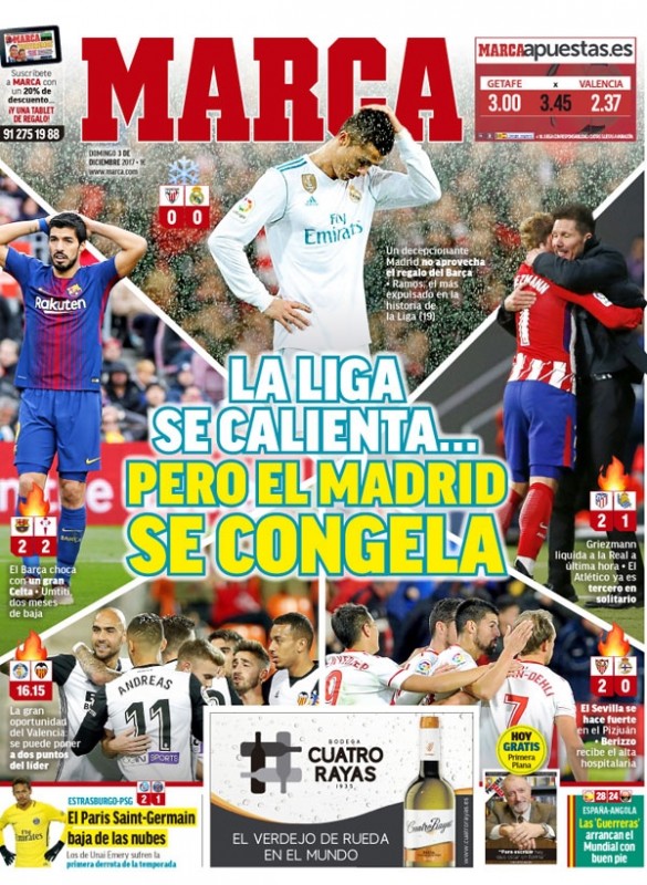 MARCA１面：La Liga se calienta t… pero El Madrid se congela (リーガは熱くなっているのに…マドリードは凍ったまま)