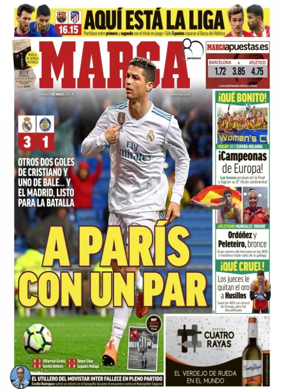 MARCA1面：A París con un par (2得点を手土産にパリへ)