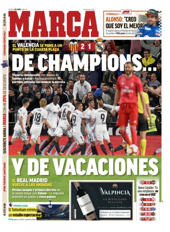 バレンシア戦紙面MARCA:De Champions… y de Vacaciones (チャンピオンズから…バケーションへ)
