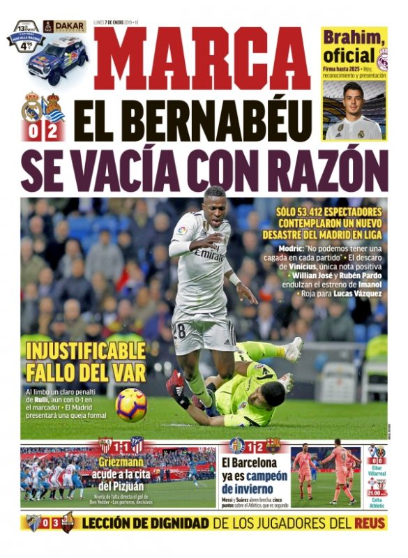 レアル・ソシエダ戦翌日MARCA:El Bernabéu se vacía con corazón (ベルナベウ心が空っぽに)