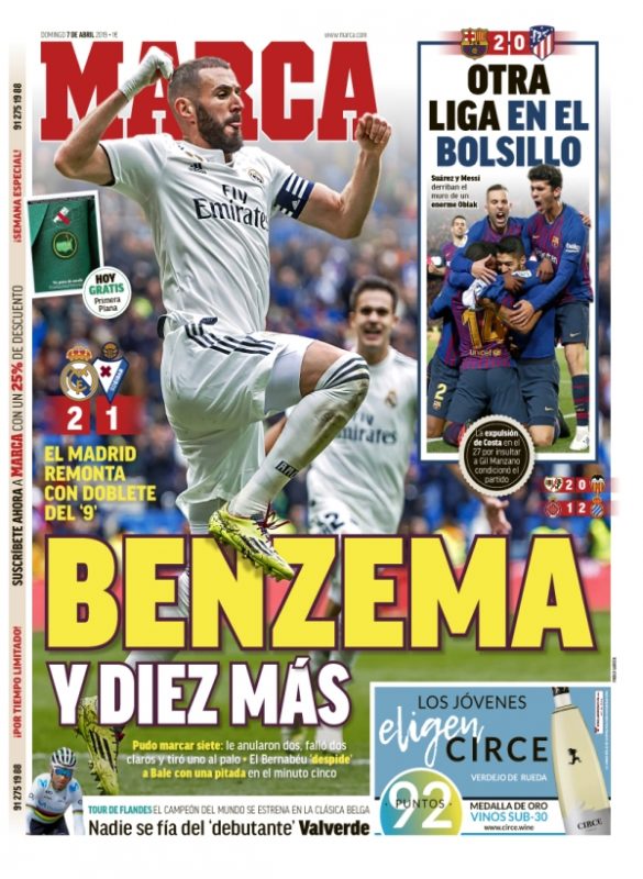 エイバル戦翌日紙面MARCA: Benzema y diez más(ベンゼマと10人)