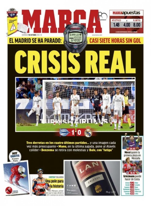アラベス戦翌日紙面MARCA:Crisis Real(本当の危機)