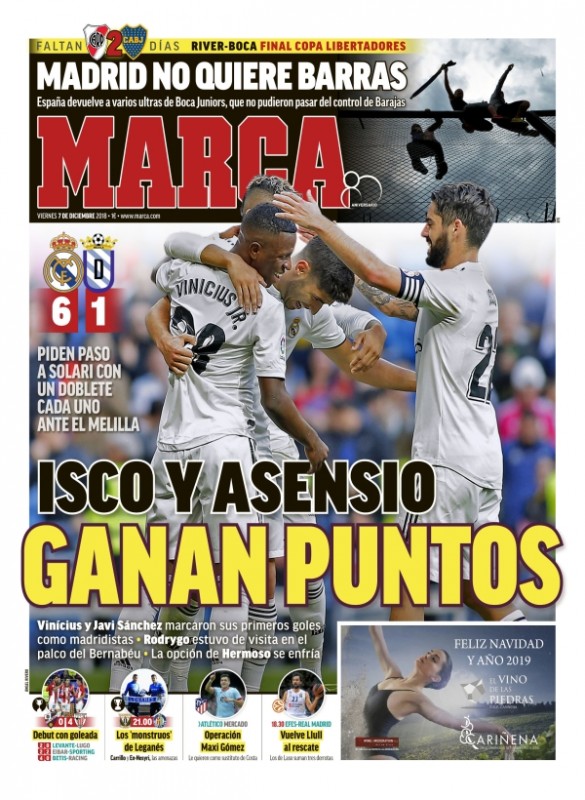 メリージャ戦翌日紙面MARCA:Isco y Asencio ganan puntos (イスコとアセンシオ、ポイント獲得)