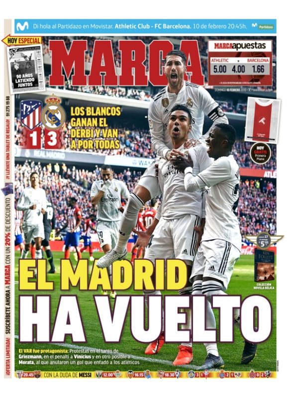 ダービー翌日紙面MARCA:El Madrid ha vuelto（マドリードが帰ってきた)