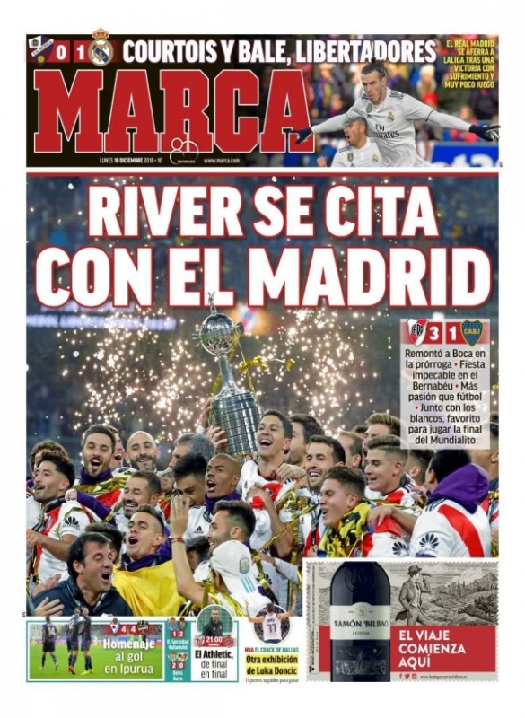 ウエスカ戦翌日MARCA:Courtois y Bale, Libertadores(クルトゥワとベイル、リベルタドーレス杯)