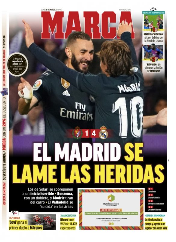 バジャドリード戦紙面MARCA：El Madrid se lame las heridas（マドリード、傷を舐める）