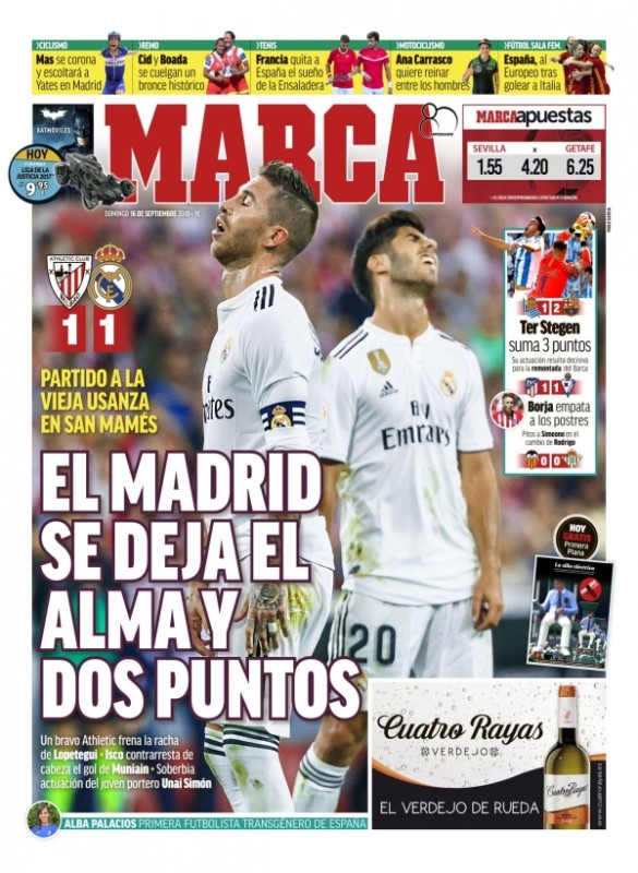 アスレティック戦翌日紙面：MARCA (El Madrid se deja el alma y dos puntos:マドリードは魂と勝ち点2を置いてきた)