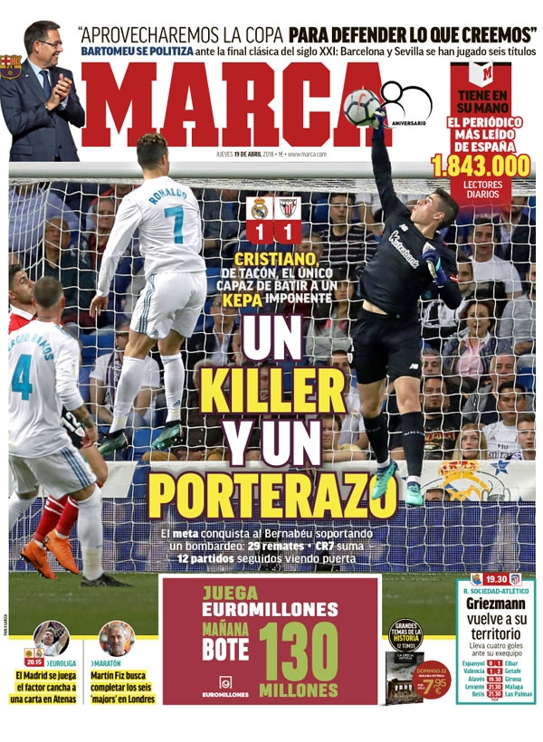 MARCA1面：Un killer y un porterazo (キラーと守護神)