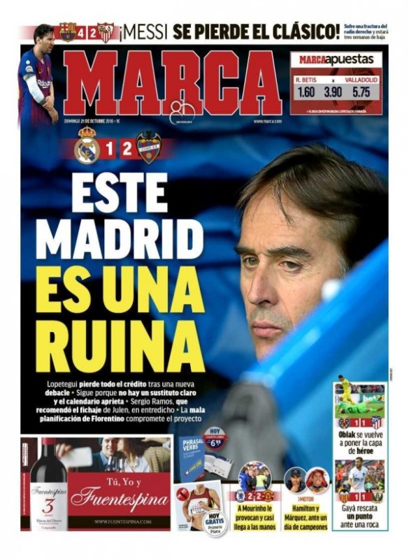 レバンテ戦翌日MARCA：Este Madrid es una ruina(このマドリードは破滅している)