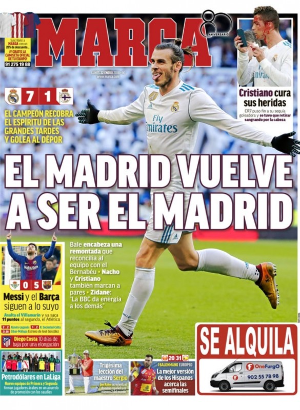 デポル戦翌日MARCA1面：El Madrid vuelve a ser el Madrid (マドリードが本来のマドリードに戻った)