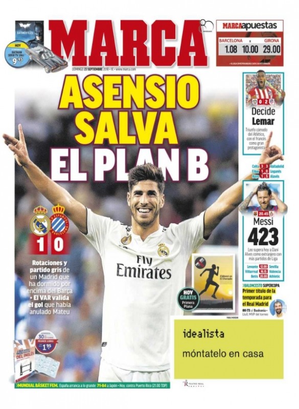 エスパニョール戦翌日MARCA: Asensio salva el plan B (アセンシオ、プランBを救う)