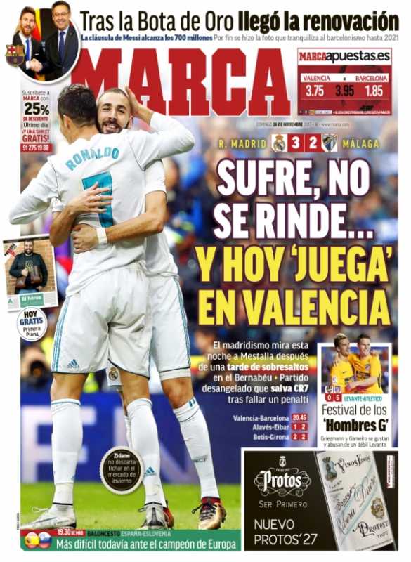 MARCA 一面：Sufre, no se rinde… y hoy juega en Valencia（苦しみ諦めなかった…そして今日バレンシアで戦い）