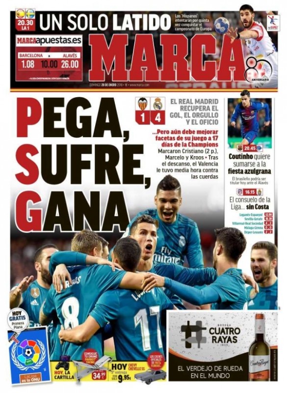 MARCA1面：Pega, Sufre, Gana (得点、苦しみ、勝利)