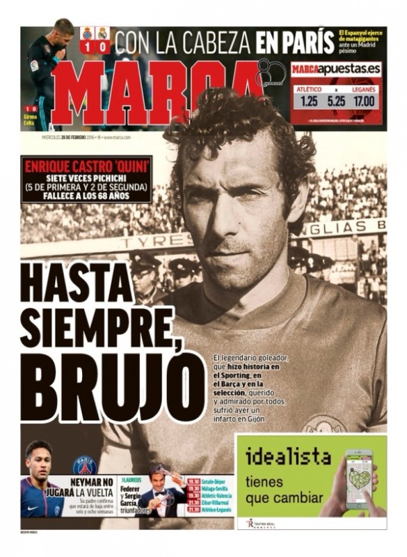 MARCA1面：Hasta siempre, Brujo(いつまでもブルホ)： Con la cabeza en Paris(頭はパリのことで)