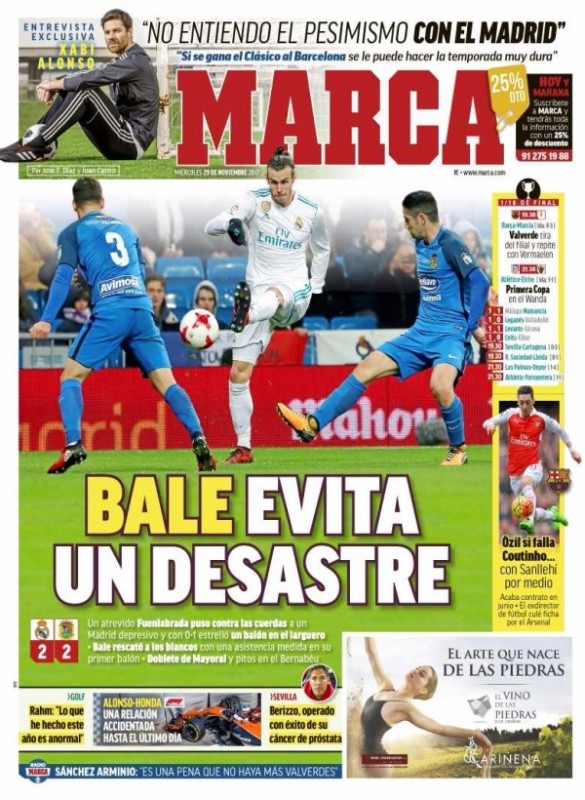 MARCA1面：Bale evita un desastre (ベイルのおかげでチームは大事故をさける)